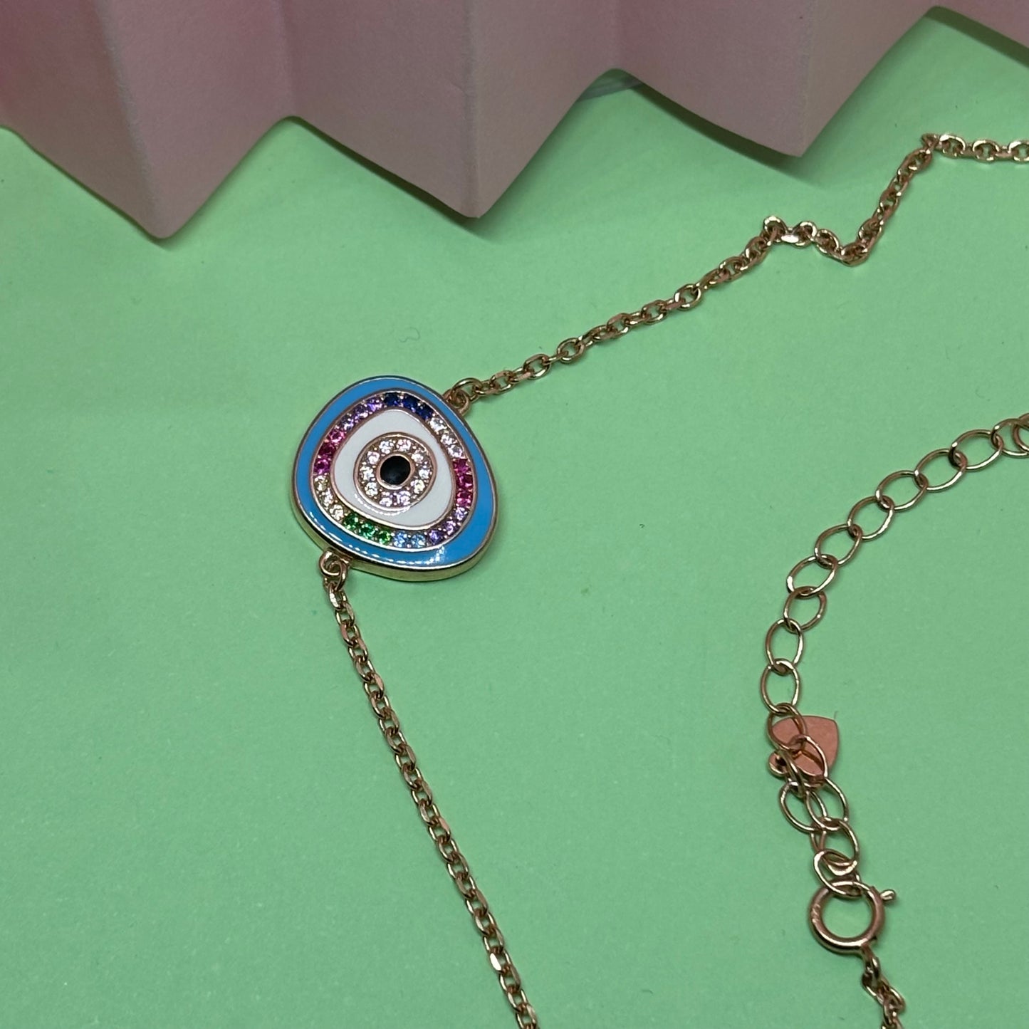 Evil Eye Anklet 7 colored stones 925 Silver, Rose Gold plating