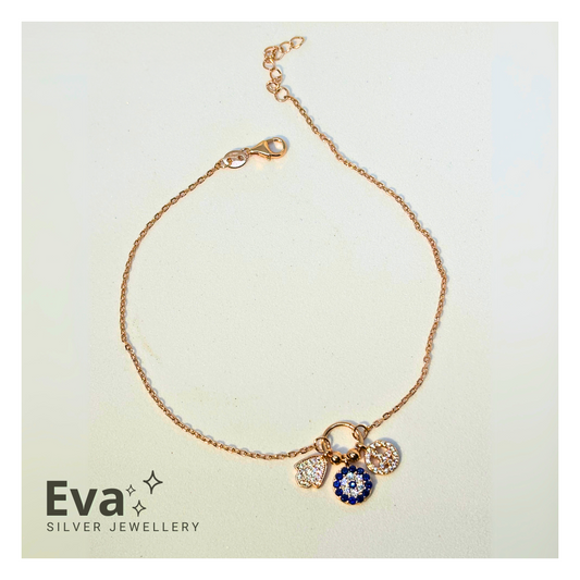 Evil eye charms anklet, Rose Gold Plated - Eva silver jewellery