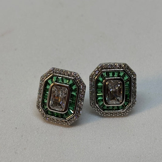 Emerald cut Clear CZ with Royal green studs 925 Silver - Eva silver jewellery