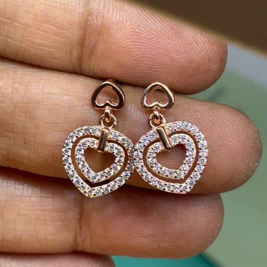 Heart-in-Heart dangler Earring 925 Silver, Rose Gold Plating - Eva silver jewellery