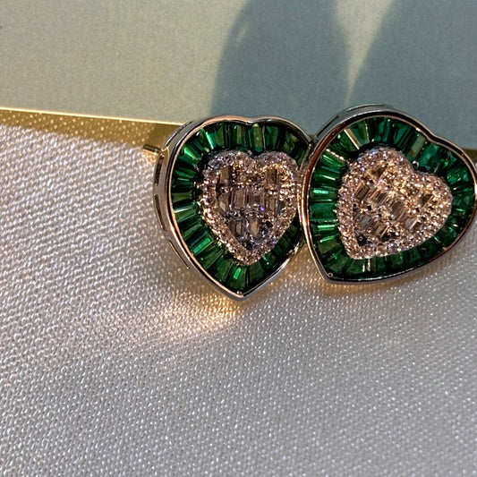 Green Baguette Heart Earrings 925 Silver - Eva silver jewellery