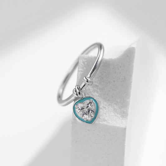 Heart Charm with Solitaire CZ Ring, 925 Silver