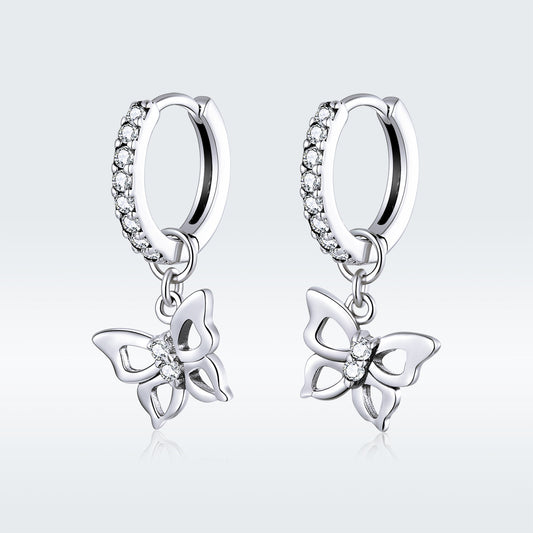 Butterfly Drop Hoop Earrings 925 Silver