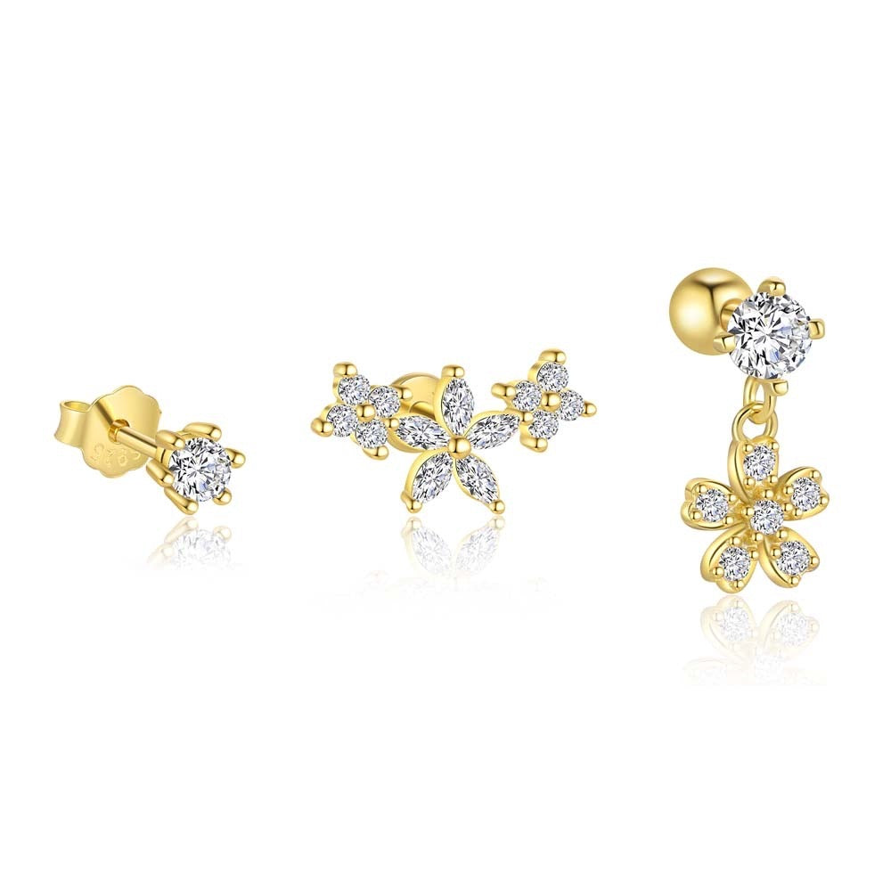 Set of 3s Floral Earrings, Convertible, 925 Silver With Gold Plating